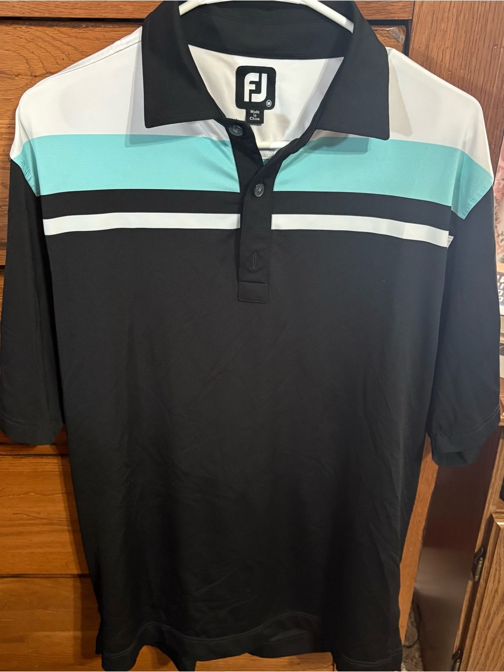 FootJoy Men’s Black Polo with Aqua and White Stripes